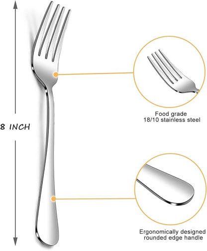 SANTUO Stainless Steel Dinner Forks Set - 12PCS Salad Forks Silverware with Round Handle, Mirror Finish & Dishwasher Safe, Use for Home, Kitchen or Restaurant - Silver 8 Inches