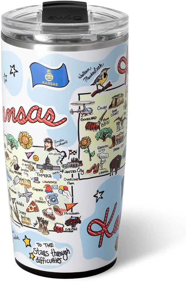 Swig Life 22oz Travel Mug, Insulated Tumbler with Handle and Lid, Travel Coffee Mug, Cup Holder Friendly, Stainless Steel 22 oz Tumbler, Reusable Insulated with Lid (Kansas)