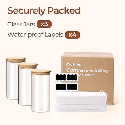 ComSaf Airtight Glass Storage Canister with Wood Lid(1.5 Qt), Set of 3 Glass Jars with Lids, Clear Food Storage Container Jar with Sealing Lids for Dry Food Cereal Oat Sugar Tea Coffee Beans, Round