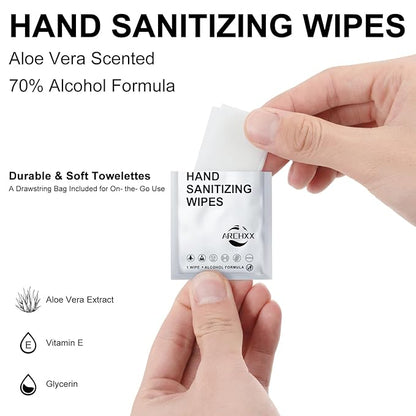 Premium Hand Sanitizing Wipes, 100 Count Non-Woven Wet Wipes Travel Size, Aloe Vera Scent, 70% Alcohol, Individually Wrapped, for Home, Office & Outdoor, Drawstring Bag Included