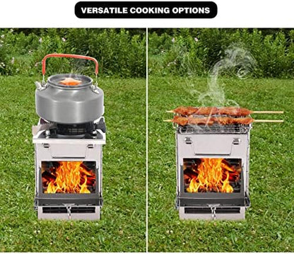 REDCAMP Wood Burning Folding Camp Stove Stainless Steel Grid and Pot Stand, Portable Collapsible Backpacking Stove Survival Rocket Stove for Hiking Outdoor Tent Camping Picnic, Samll with Pot Stand