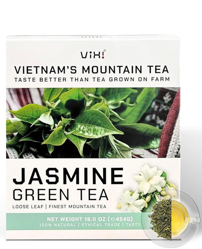 VIXI Jasmine Green Tea Loose Leaves, 16 Oz, Jazmine Flavored, Unsweetened, Caffeinated, 100% Natural from Ancient Leaf Tea Tree, Jasmin Scented Green Looseleaf for Hot and Cold Brew