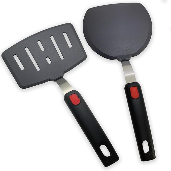 Silicone Spatula Turner Set of 2, Heat Resistant Pancake Spatulas for Nonstick Cookware Pan, Wide Slotted Cooking Spatula for Omelette Egg Fish, Thin Flexible for Kitchen Use, Dishwasher Safe, Black