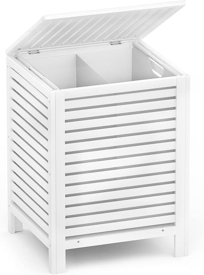 Homykic Bamboo Laundry Hamper with Lid, 120L Large Clothes Laundry Sorter with Removable 2-Section Liner Bag, Raised Laundry Basket Organizer for Clothing, Bathroom, Bedroom, Laundry Room, White