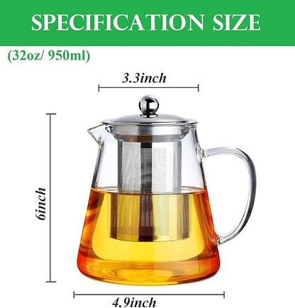 Mini Size Glass Teapot Tea Kettle-with Stainless Steel Removable Infuser for Blooming Tea & Loose Leaf Tea, Microwave & Stovetop Safe, 950ML/32oz (L-950)