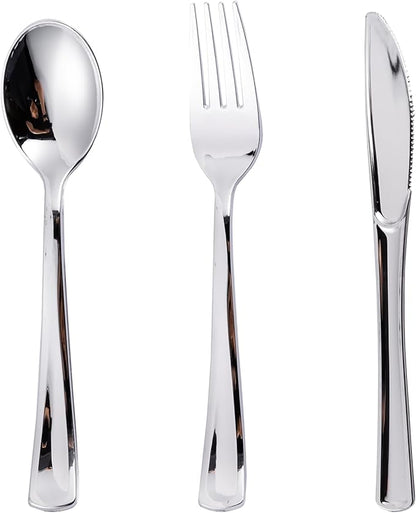 N9R 300PCS Silver Plastic Silverware Set, 100 Forks, 100 Spoons, 100 Knives, Heavy Duty Disposable Cutlery for Parties, Fancy Disposable Flatware for Weddings, and Daily Use
