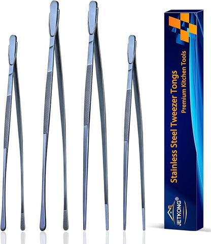 JETKONG 4 Pcs Kitchen Tweezers, 12'' and 10'' Stainless Steel Cooking Tweezers Set, High-Precision Tweezers Tongs for Cooking, Repairing, Seafood and BBQ (Blue)
