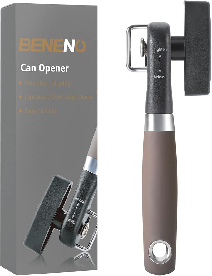 Beneno Can Opener, Manual Side Safe Cut Can Opener Smooth Edge with Durable Sharp Blade, Effort-Saving Knob & Comfortable Non-slip Handle, Brown