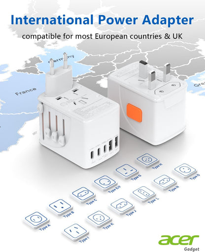 Acer Universal Travel Plug Adapter - International Power Adapter with 5 USB Ports (3 USB C) 5.8A, Worldwide Outlet Charger for USA to European UK France Germany Spain, Type C/E/F/G/I/L/A, White