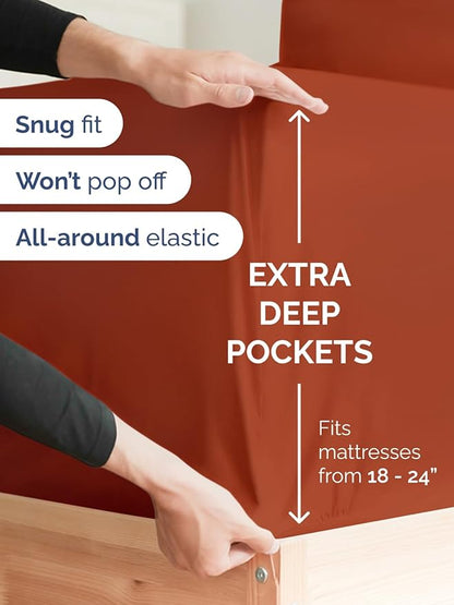 Extra Deep Pocket Queen Sheet Set - 4 Piece Breathable & Cooling Bed Sheets - Hotel Luxury Sheet Set - Soft, Wrinkle Free & Comfy - Easily Fits Extra Deep Mattresses - Deep Pocket Terracotta Sheets