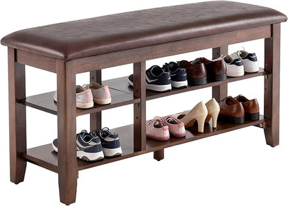 PY HOME & SPORTS Shoe Rack for Entryway 39.4": 2-Tier Shoe Storage Bench, Adjustable/Removable Shelves, Rubberwood Shoe Benches for Hallway, Porch, Bathroom, Brown