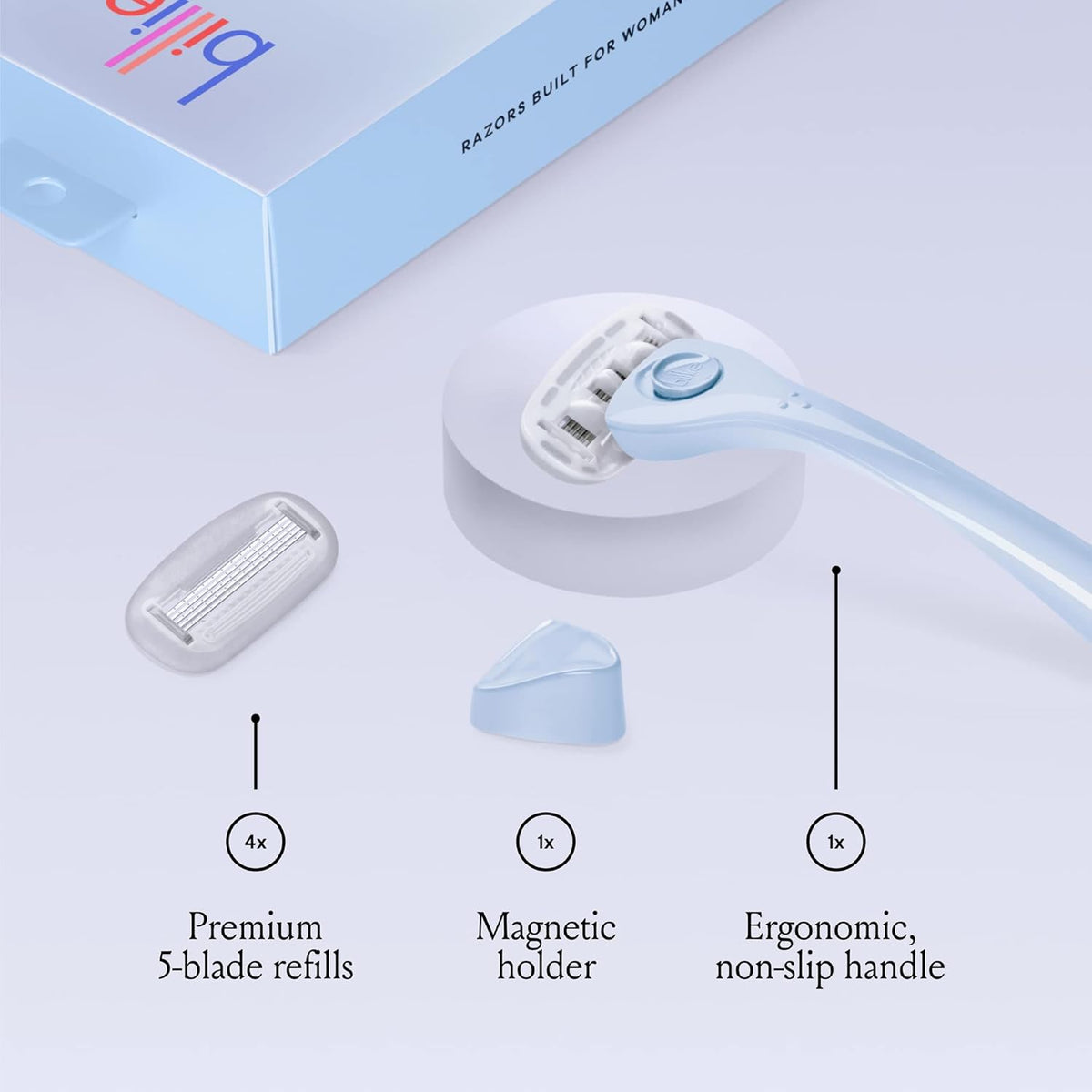 Billie Razors for Women Shave Kit – Women’s Razor + 4 x 5-Blade Razor Refills + Magnetic Holder – Cool Blue