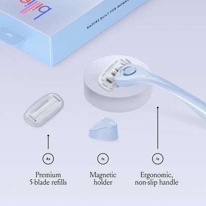 Billie Razors for Women Shave Kit – Women’s Razor + 4 x 5-Blade Razor Refills + Magnetic Holder – Cool Blue