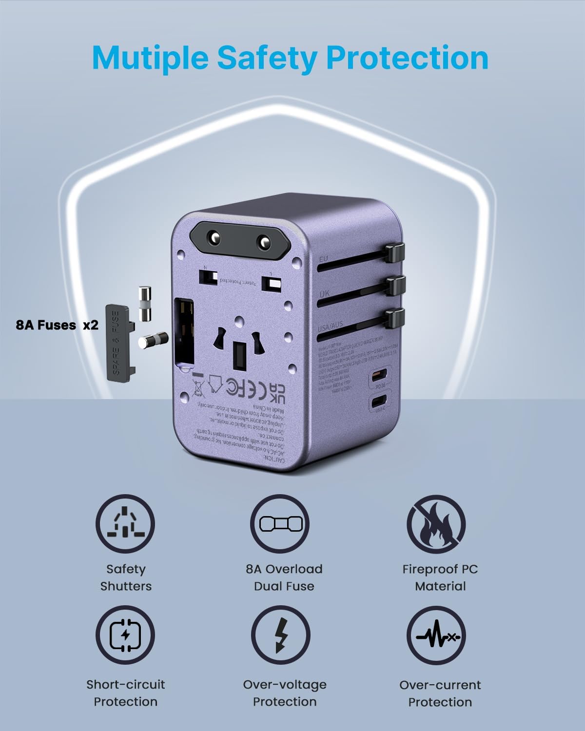 Universal Travel Adapter, VINTAR 35.5W International Power Adapter with 3 USB A QC and 2 USB C PD, All in One Plug Adapter Worldwide Travel Essentials for EU/UK/USA/AUS(Type C/G/A/I), Purple