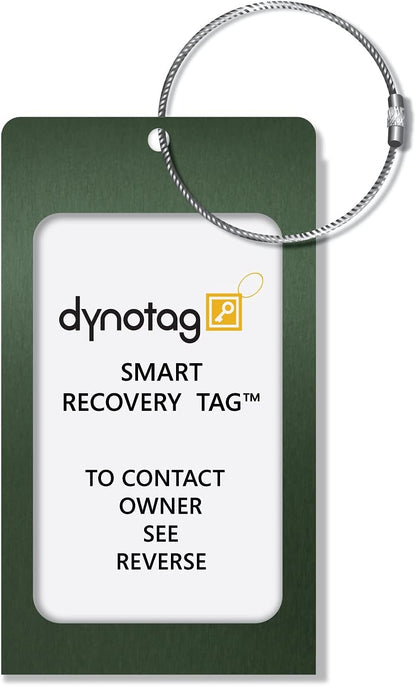Dynotag® Web Enabled Smart Aluminum Convertible Luggage ID Tag + Braided Steel Loop, with DynoIQ™ & Lifetime Recovery Service (Emerald Green)