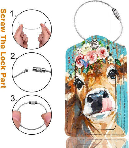 2 Pack Luggage Tag for Suitcase, Cute Unique Leather Bag Tags Identifiers Privacy Cover ID Label with Durable Steel Loop for Women Men Kids Girls Travel, Cattle
