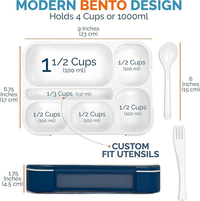 Bento Lunch Box with Insulated Bag and Ice Pack Set. 6 Divided Compartments, Containers for School, Work Daycare Lunches Snacks, Kids and Adults BPA Free, Easy to Carry, Durable Kits, Navy Blue