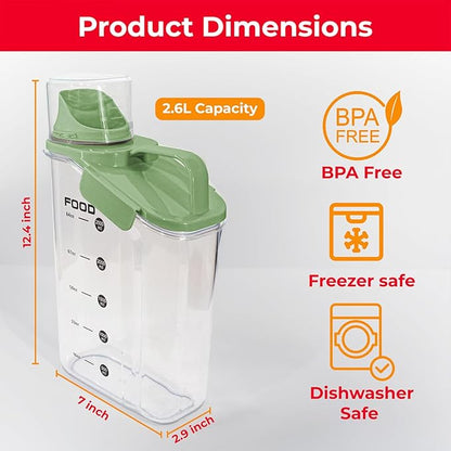 Two Pack Food & Cereal Storage Container - 2.6L Airtight Plastic Kitchen Organizer Bin with Pouring Spout, Measuring Cup Lid, Ideal for Dry Food, Rice, Sugar, Pet Food dispenser - BPA free (Green)