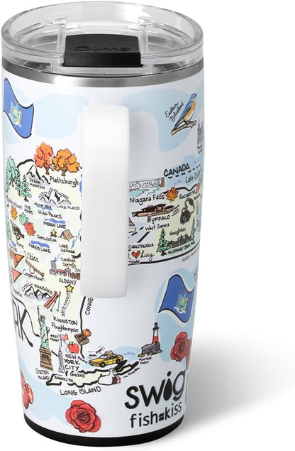 Swig Life 22oz Travel Mug, Insulated Tumbler with Handle and Lid, Travel Coffee Mug, Cup Holder Friendly, Stainless Steel 22 oz Tumbler, Reusable Insulated with Lid (New York)