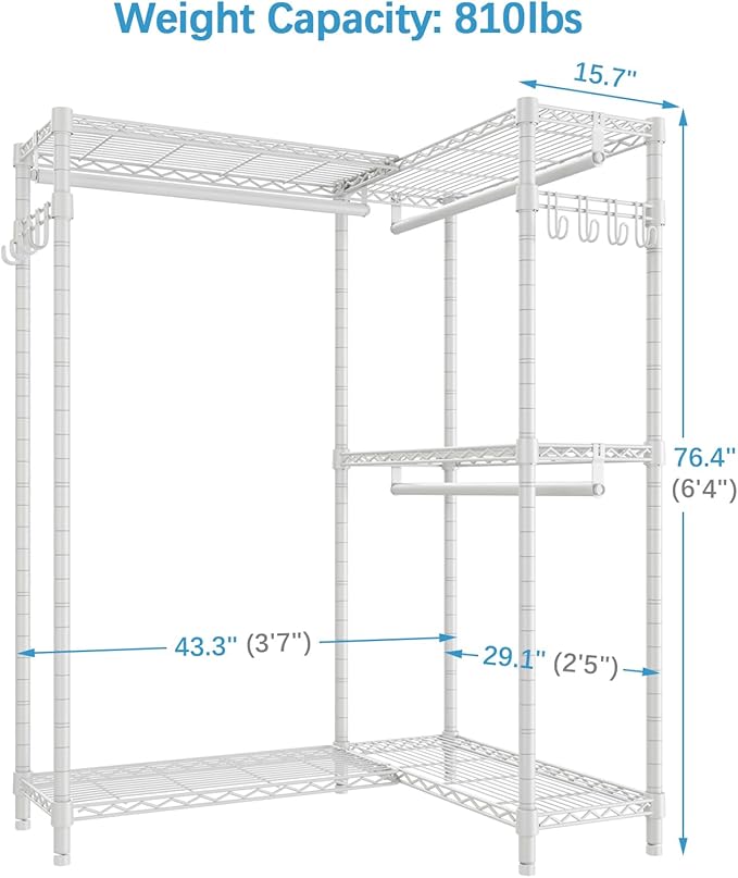 VIPEK L4 Garment Rack L Shaped Clothes Rack for Corner, Freestanding Portable Wardrobe Closet Heavy Duty Clothing Rack with 3 Hanging Rods & 2 Side Hooks, 43.3"Lx29.1"Wx76.4"H, Max Load 810LBS, White