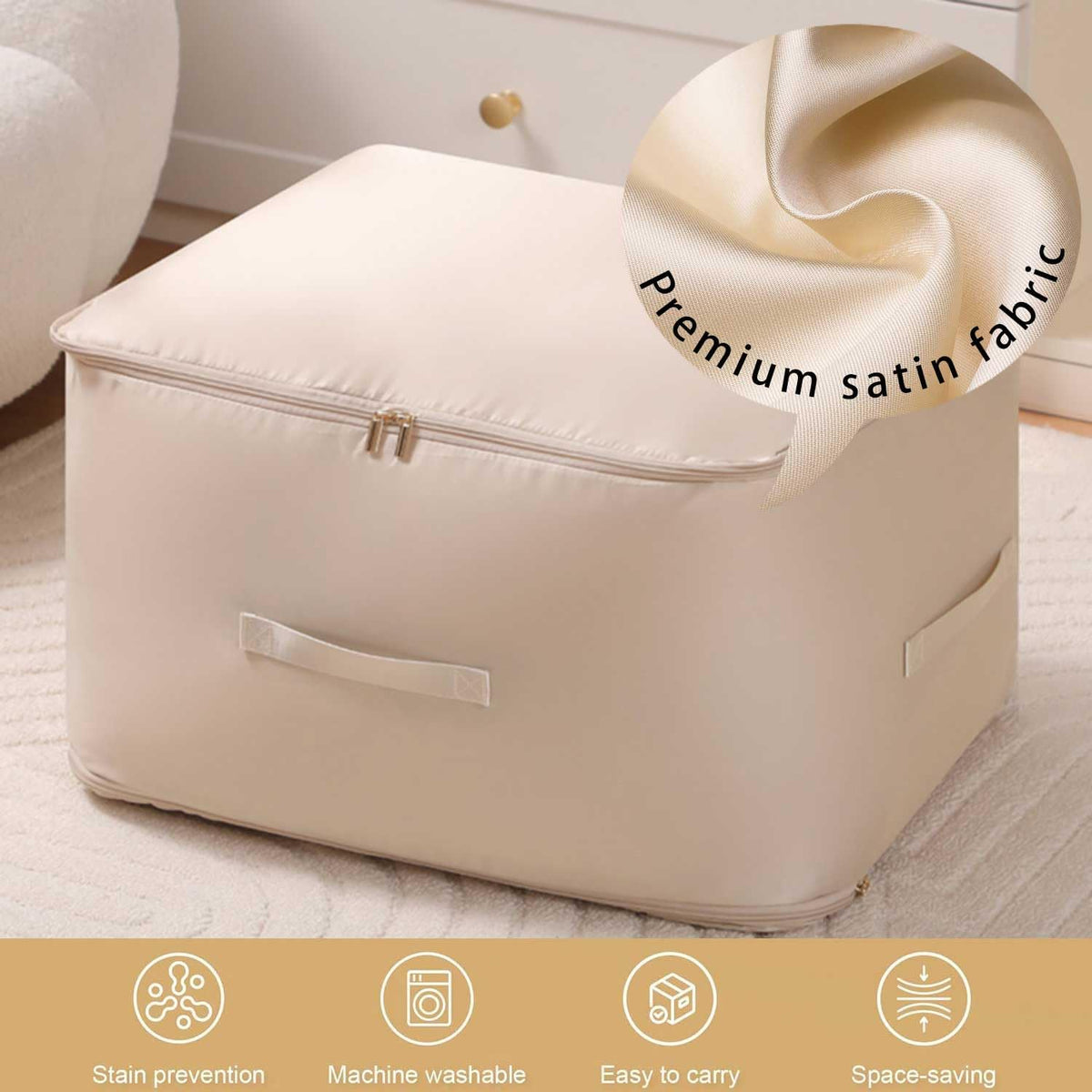 Ultra Space Saving Self Compression Organizer, 2025 New 3-Layer Zipper Large Capacity Storage Bag, Thick Satin Fabric Heavy Duty Bags for Comforters Blankets Bedding Duvet (Beige, X-Large, 21x17x24in)