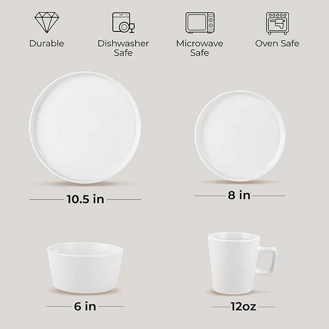 Zulay Kitchen Terra Stoneware Dinnerware Set, Artisanal Ceramic Plates and Bowls Set Crafted at 2300℉ - Service for 4, Frost White