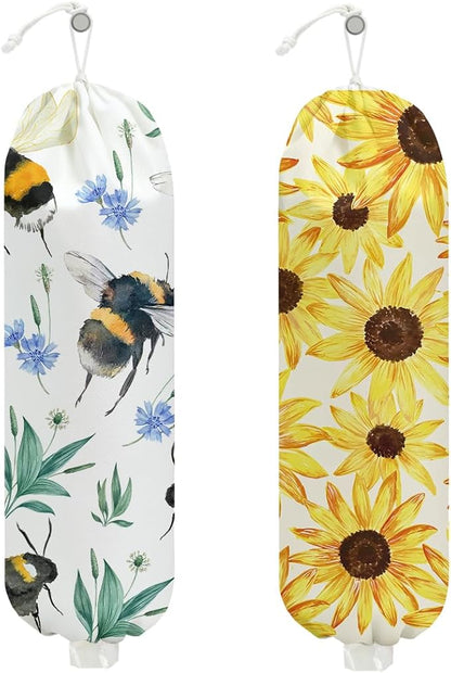 2 Pcs Bee Plastic Bag Holder, Sunflower Grocery Bag Holder Plastic Storage bag, Large Washable Grocery Bags Storage Dispenser for Home Kitchen Pantry Decor, Flower Gifts for Women Mom Grandma