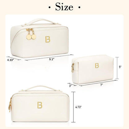 Birthday Gifts for Women Teen Girl, Personalized Initial Makeup Organizer Bag Set, Open Flat Travel Cosmetic Bag With Clear Divider and Handle(Beige,B)