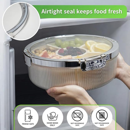 Snackle Box Container, Round Divided Serving Tray with lid 6parts for Veggie, Candy and Nuts Organizer for Travel, Party and Picnic (Cream/Silver)