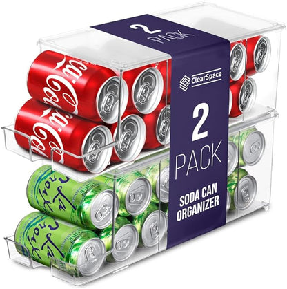 ClearSpace Soda Can Organizer & Soda Can Dispenser for Refrigerator - Fridge Organizer & Stackable Drink Organizer for Fridge or Refrigerator - Holds 12 Cans Each, BPA Free - 2 Pack