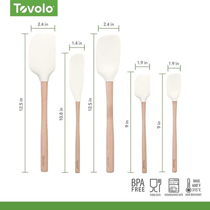 Tovolo Silicone Spatula with Wooden Handle Set of 5 Piece Silicone Kitchen Utensil Set Spoonula Jar Scraper Mini Spatula and Spoonula for Cooking Baking Mixing Folding White Cookware Set