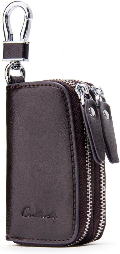 CONTACTS Car Key Case Small Leather Double Zipper Key Holder with 4 Keyrings Keys Organizer for Men Women