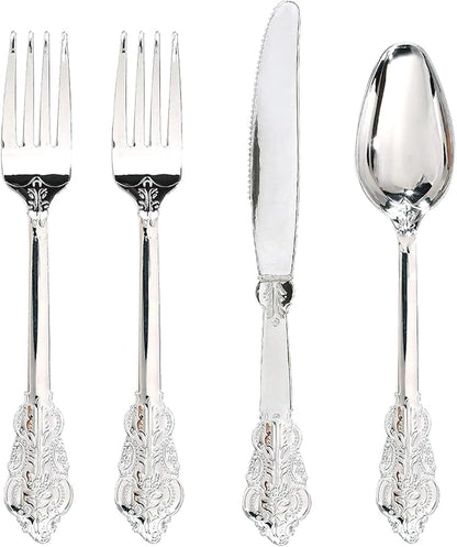 WDF 200 Pieces Silver Plastic Silverware Disposable - 50Guests Silverware Plastic Cutlery - Disposable Utensils Includes 100 Forks, 50 Spoons, 50 Knives Perfect for Christmas Wedding or Party