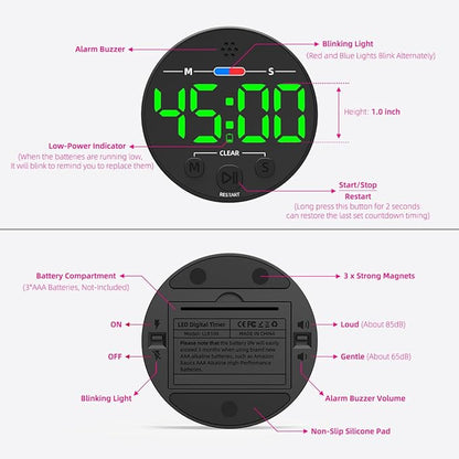 Large LED Digital Timer, Magnetic Countdown Loud Timer for Kitchen Cooking, Classroom Whiteboard, Kids, Toddler, Game, Productivity, Focus, Work, Task, Office, Meeting – Small, Simple, Visual, Green