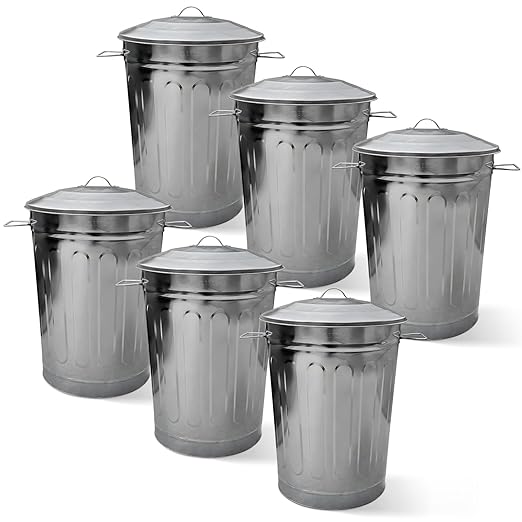 Plexon Round Trash Can 13 Gallon, Vintage Metal Outdoor Trash Can with Lid, Retro Farmhouse Garbage Container, Old School Modern Ash Bucket, Galvanized Steel 6 Pack