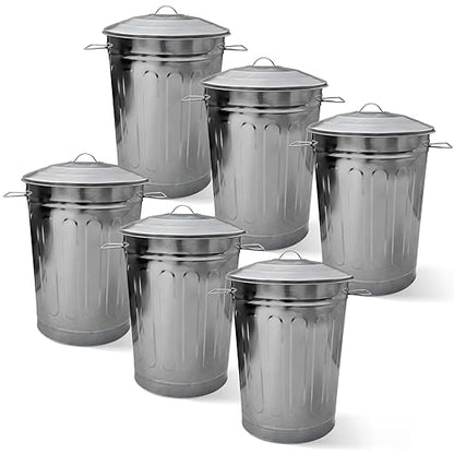 Plexon Round Trash Can 13 Gallon, Vintage Metal Outdoor Trash Can with Lid, Retro Farmhouse Garbage Container, Old School Modern Ash Bucket, Galvanized Steel 6 Pack