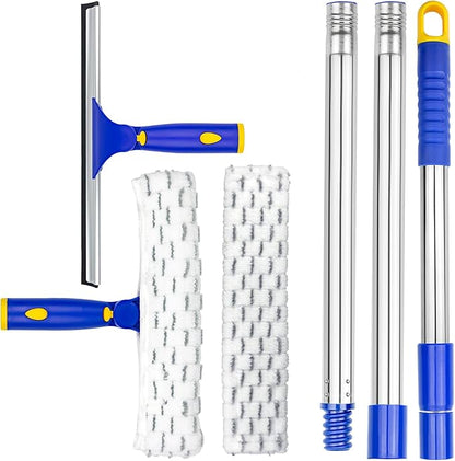 ITTAR Window Squeegee with 2 Sets Stainless Steel Pole, Squeegee Cleaning Tools with Microfiber Pads, 60"-72" Telescopic Window Washing Kit, Professional Squeegee Cleaner for Home Car Outside Glass