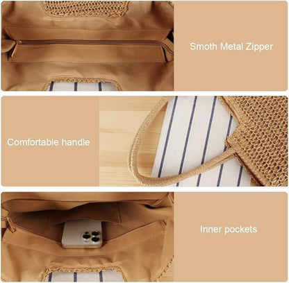 Straw Beach Bags for Women Woven Beach Tote Bag Casual Boho Large Shoulder Handbags Purse for Vacation Holiday