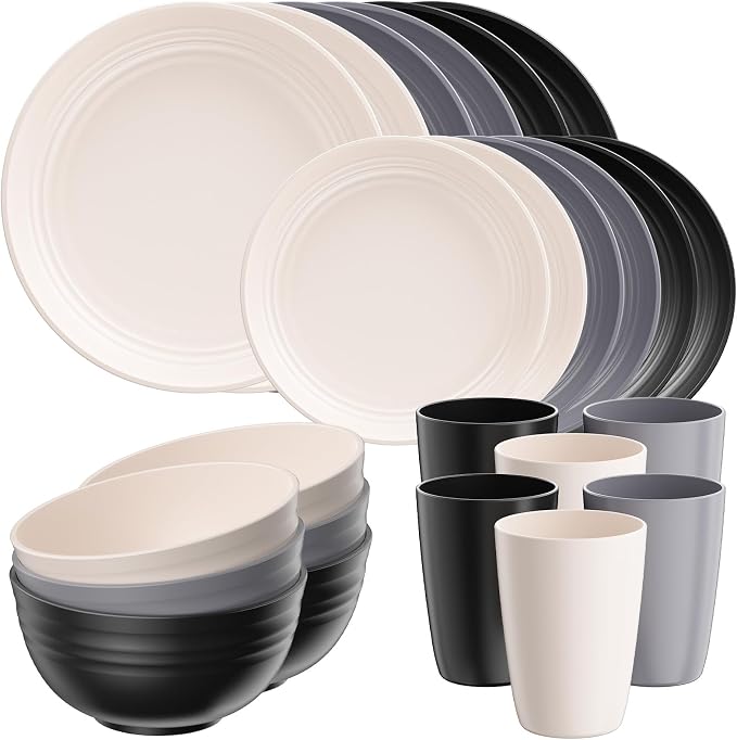 Quatish 24 Pcs Unbreakable Plates and Bowls, Plastic Dinnerware Sets