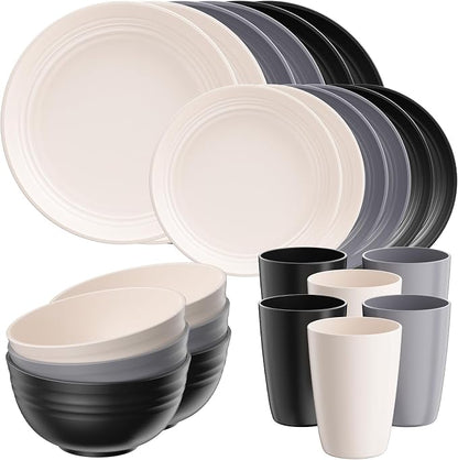 Quatish 24 Pcs Unbreakable Plates and Bowls, Plastic Dinnerware Sets