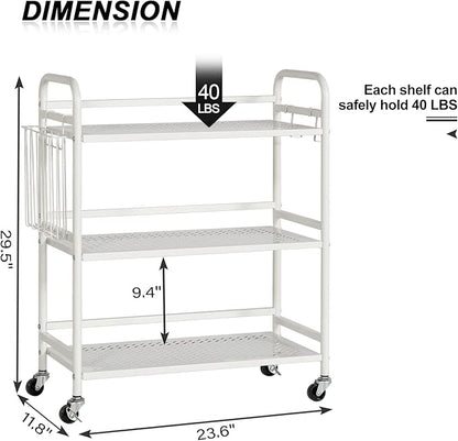 HDANI 3 Tier Metal Mesh Utility Cart,Large Capacity Multipurpose Heavy Vehicle,Rolling Trolley with to Hooks and One Basket(White)