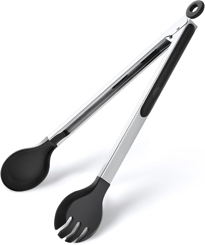 12 Inch Kitchen Tongs for Cooking, 600ºF Heat Resistant Cooking Tongs with Silicone Tip & Measure Spoon, 2-in-1 Silicone Tong for Tossing Salad, Serving Food, Non-Stick & Dishwasher Safe (Black)