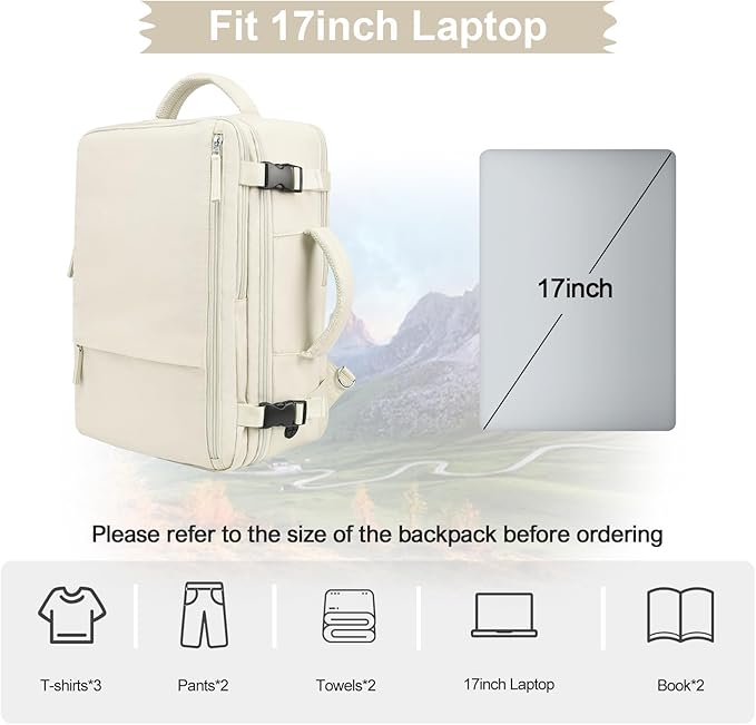 Hanples Large Travel Backpack for Women, 35L Carry on Luggage Backpack, College Laptop Backpack Airline Approved Business Work Bag Fits 17 Inch Computer for Men with 2 Toiletry Bags (Beige)