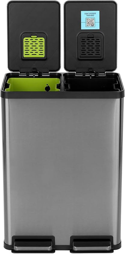 SIMPLI-MAGIC 16 Gallon (60L) Elegant Black Step Trash Can – Dual Compartment Kitchen Garbage Can with Waste & Recycling Bins – Slow-Close Lid, Odor Control, Hands-Free, Premium Stainless Steel
