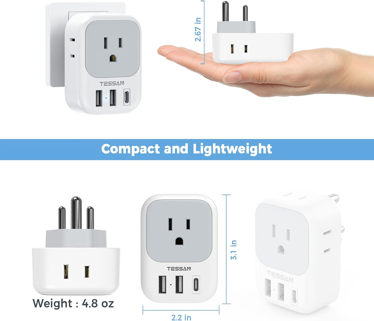 India Plug Adapter 2 Pack, TESSAN Type D Travel Adapter with 4 Outlets 3 USB Charger (1 USB C Port), US to Indian Outlet Adaptor for USA to Bangladesh, India, Kuwait, Maldives