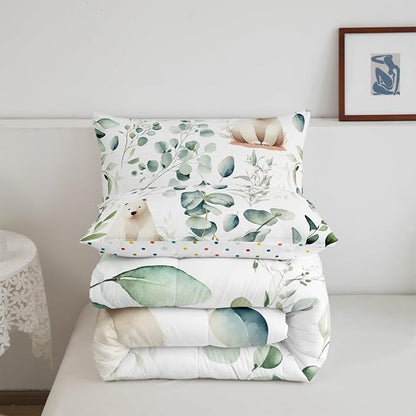 Erosebridal Boys Cartoon Animal Toddler Size Comforter Set for Kids Toddler Kawaii Polar Bear Bedding Set, Arctic Wildlife Down Comforter White Green Bed Set, Botanical Eucalyptus Quilted Duvet