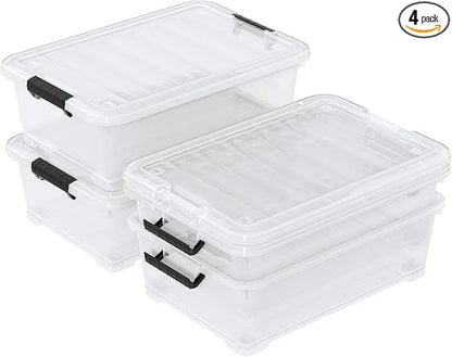 4 Packs Under Bed Storage Containers with Clear Lid, Large Stackable Plastic Latching Bins with Rolling Wheels, 40 Quart