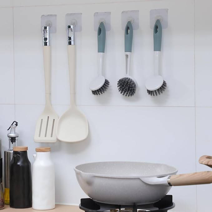 Patelai 12 Pack Kitchen Scrub Dish Brush with Long Handle Dish Scrubber with Stiff Bristles Scrub Brushes for Kitchen Dishes Washing Tools, Pots, Pans and Sink Cleaning (Celadon)