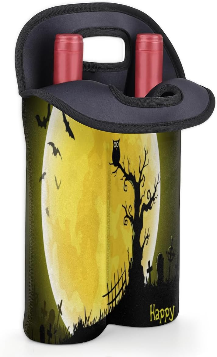 Vintage Sea Turtle 2 Bottle Wine Carrier Tote Bag Insulated Wine Bottles Neoprene Bag with Secure Carry Handle Portable Wine Cooler Bag for Travel Picnic Beach (Halloween Moon Owl)