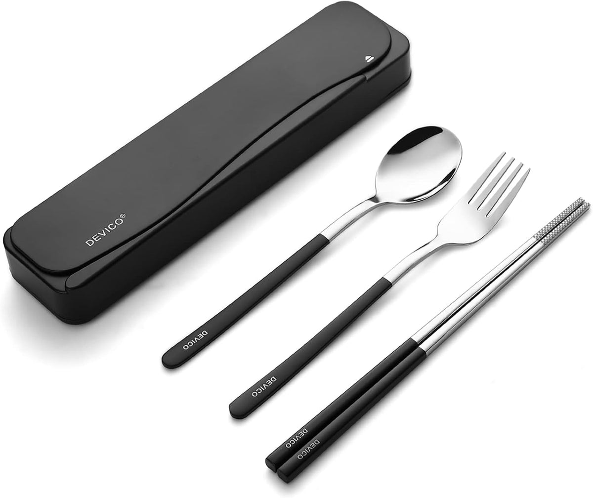DEVICO Travel Utensils, 18/8 Stainless Steel 4pcs Cutlery Set Portable Camp Reusable Flatware Silverware, Include Fork Spoon Chopsticks with Case (Black)